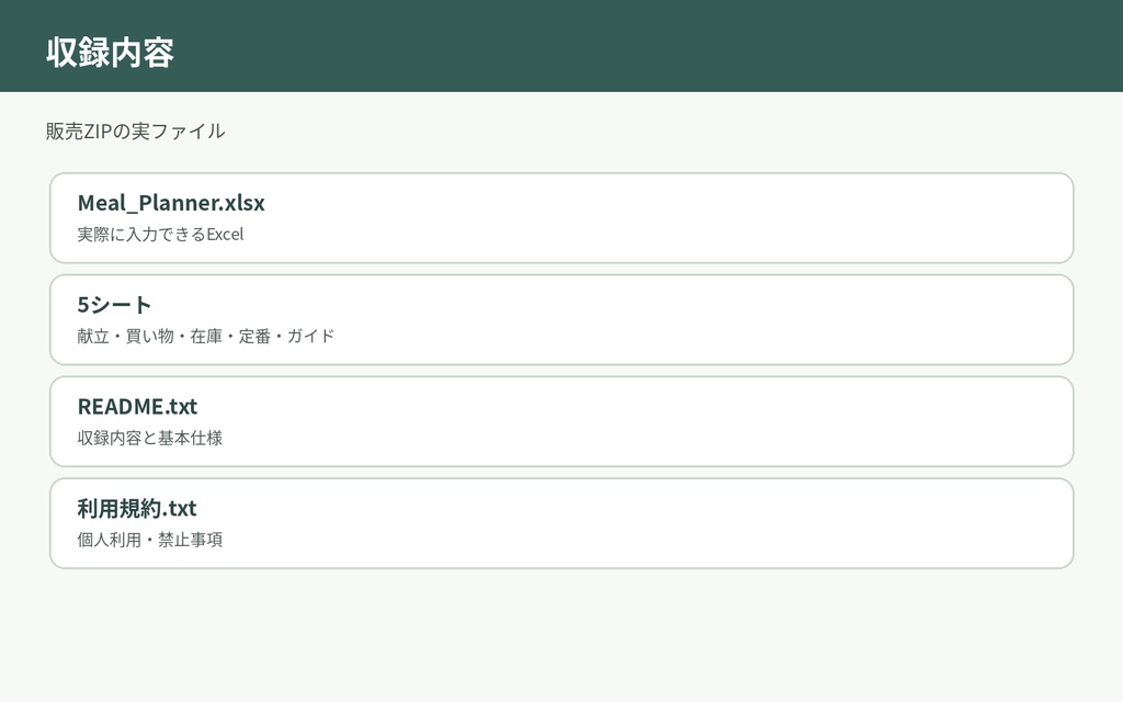 週間献立&買い物リストExcel|在庫・予算・定番メニュー管理