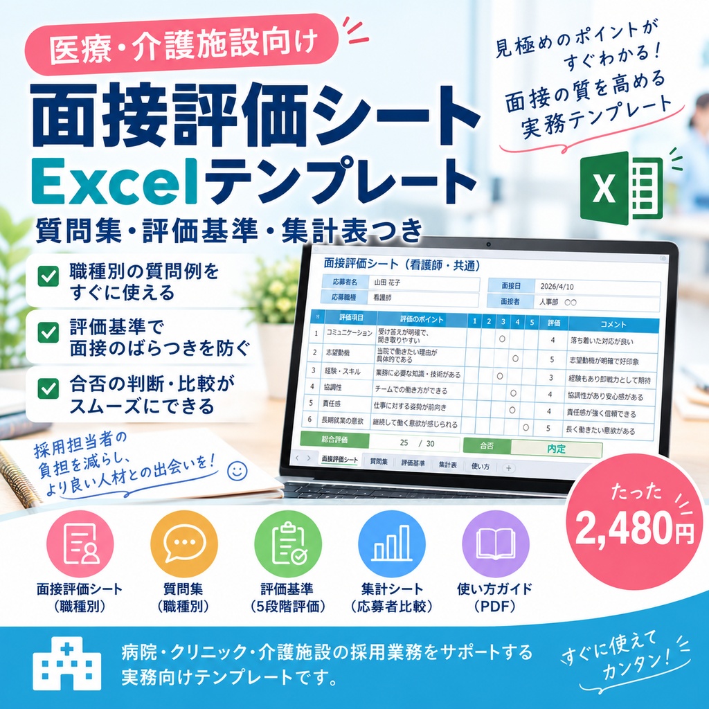 【医療・介護施設向け】面接評価シート＋質問集｜Excel採用面接テンプレート