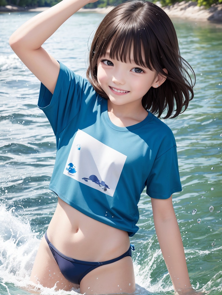 Tシャツに水着で川遊びする女の子