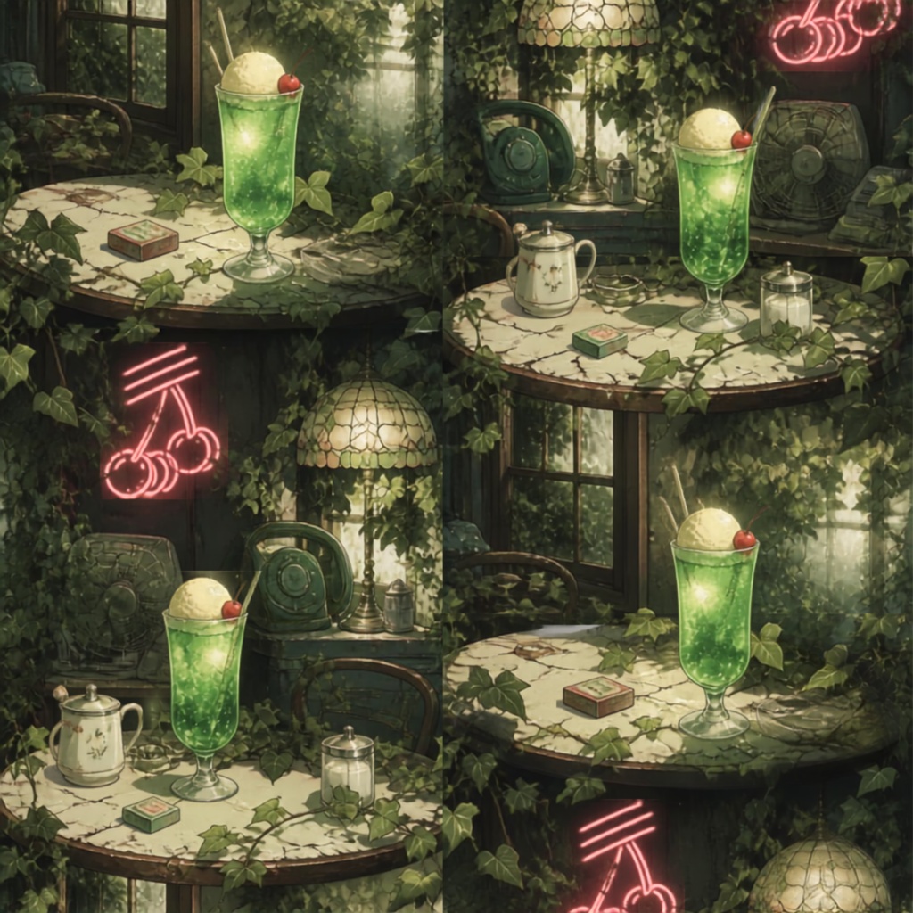 【背景・配信素材】廃墟の純喫茶ロマン 〜Retro-Kitsch Cafe〜 5種セット(画像サイズ2000 × 2000 px)