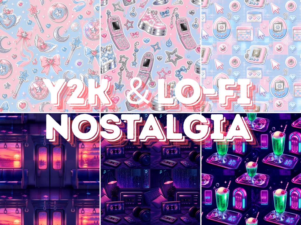 【背景素材】Y2K & Lo-Fi Nostalgia - 平成レトロとネオンチルのデジタルペーパー6種セット
