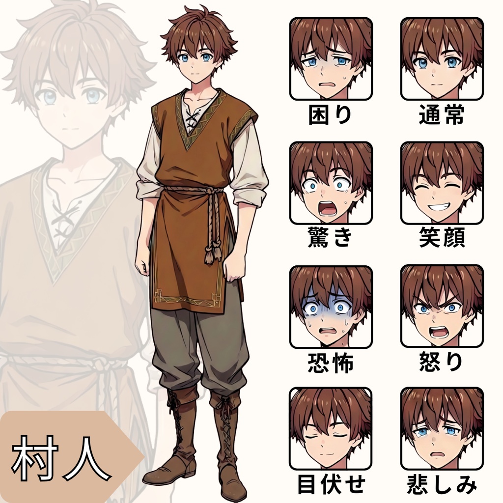 【立ち絵素材】王道ファンタジー系村人NPCセット(表情差分16種)【商用利用OK】
