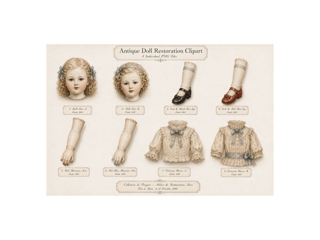 Antique Bisque Doll Clipart|ヴィクトリアン ビスクドール パーツ 8点セット