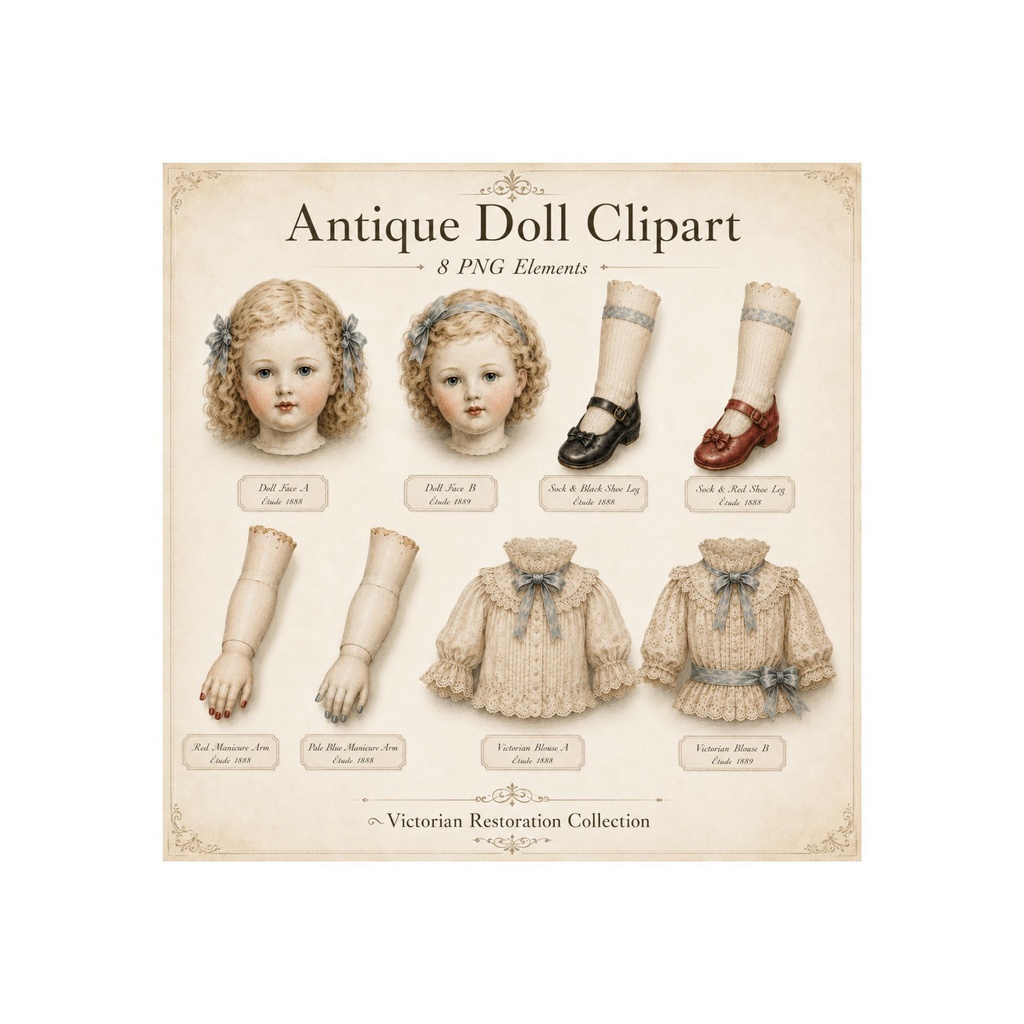 Antique Bisque Doll Clipart｜ヴィクトリアン ビスクドール パーツ 8点セット