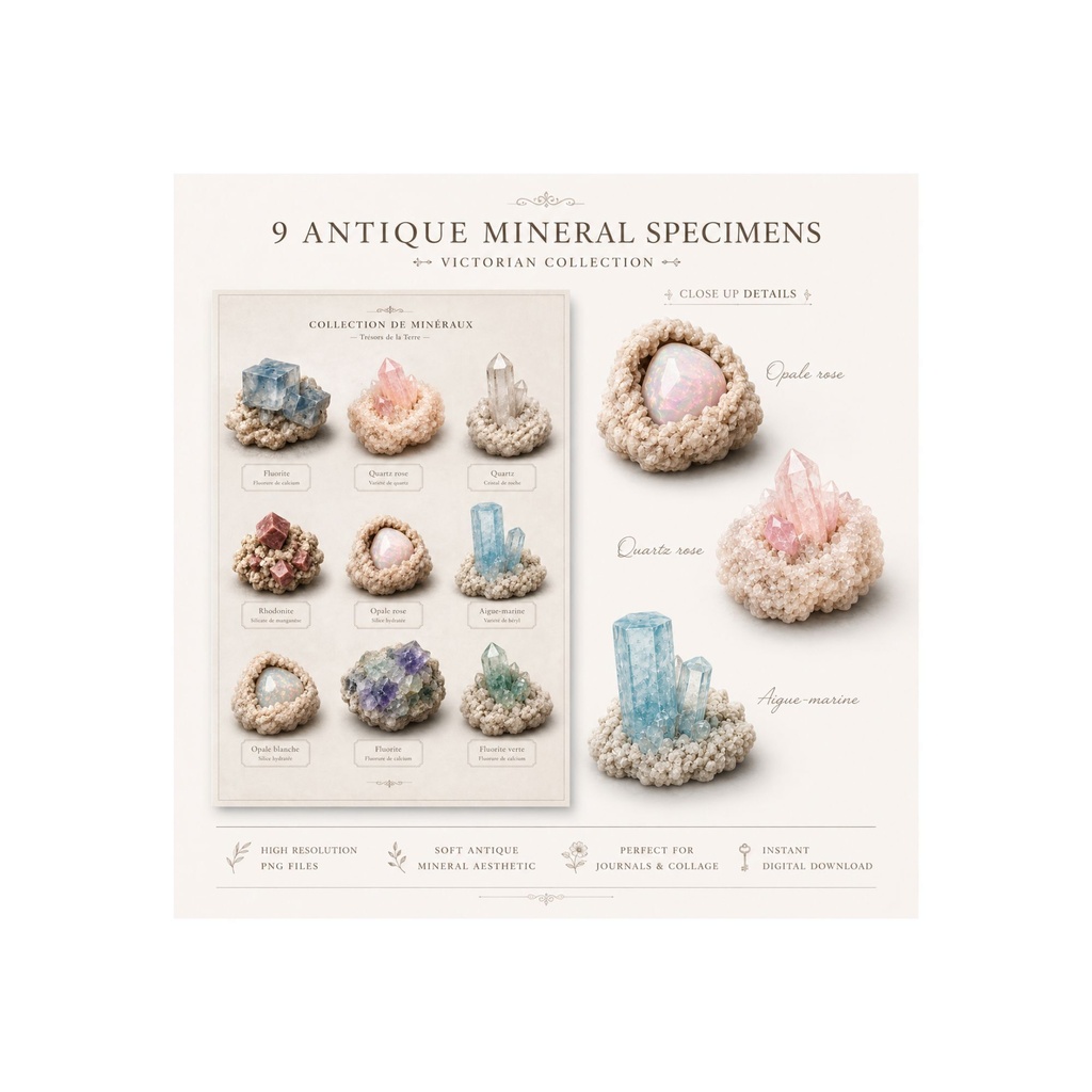 アンティーク鉱物クリップアート9点セット|ヴィクトリアン風ミネラルコレクション|JPG素材