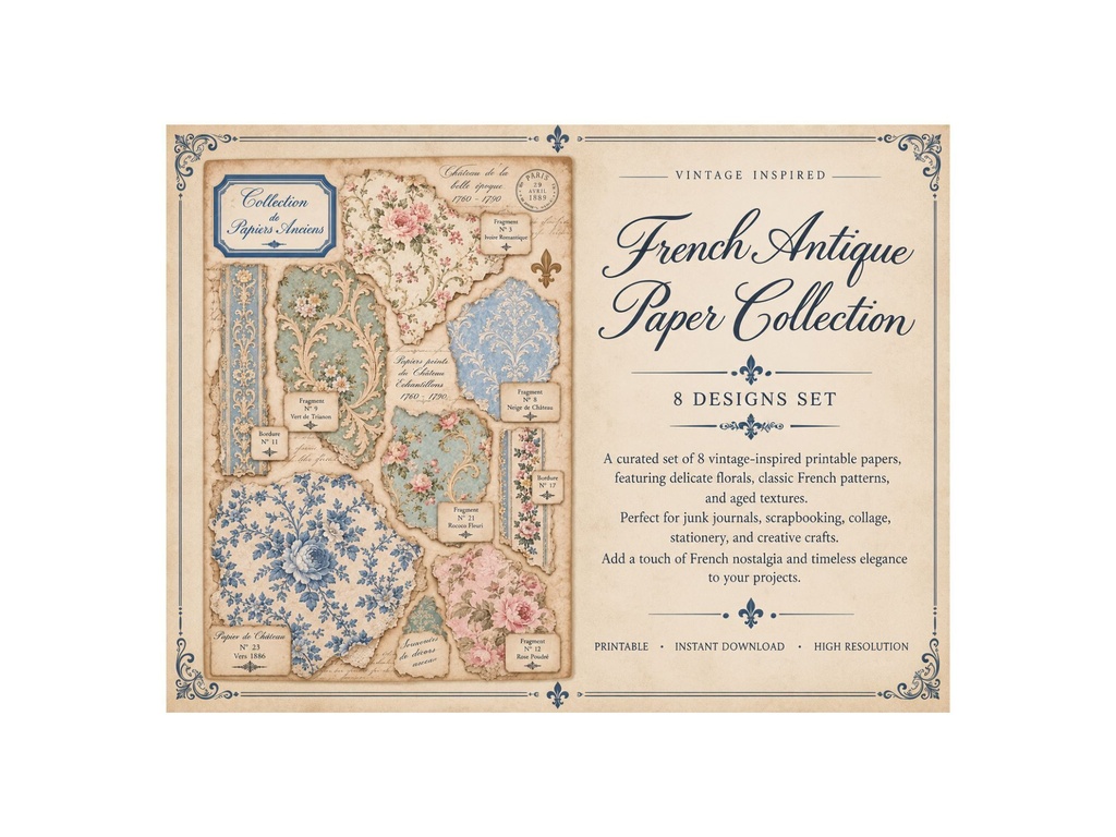 フレンチアンティーク 紙ものコレクション 8枚セット|ラベル・古紙・壁紙・コラージュ素材