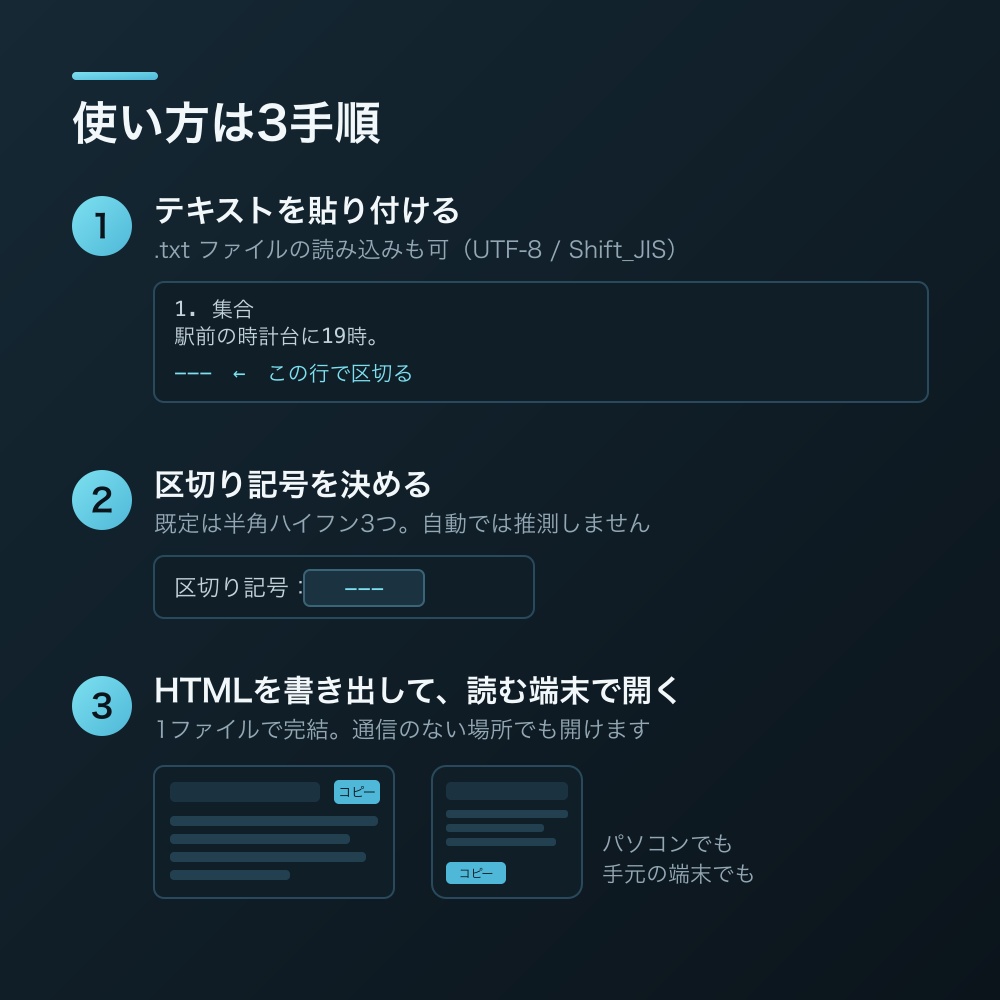 卓上カード ― 貼り付けたテキストをスマホ・タブレットで検索・コピーできる1枚のHTMLにする【無料版あり】