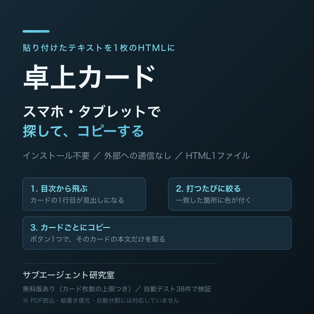 卓上カード ― 貼り付けたテキストをスマホ・タブレットで検索・コピーできる1枚のHTMLにする【無料版あり】