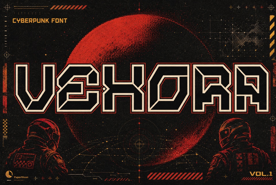 Vexora - ゲームやテクノロジー向けのサイバーパンク風ディスプレイフォント