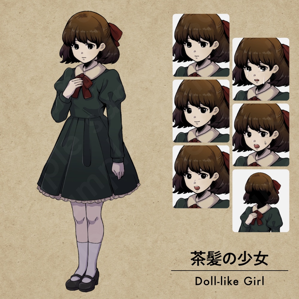 落ち着いた深緑ドレスの少女の立ち絵素材|ペン画調・洋館ミステリー向け