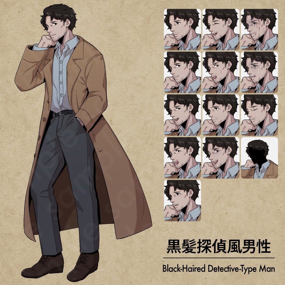 無精髭の黒髪探偵風男性キャラクターの立ち絵素材|ペン画調・ミステリー・サスペンス向け