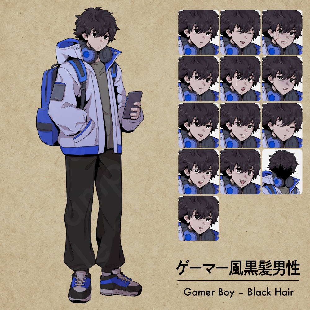 ゲーマー風の黒髪男子キャラクターの立ち絵素材|ペン画調・現代ミステリー・日常向け