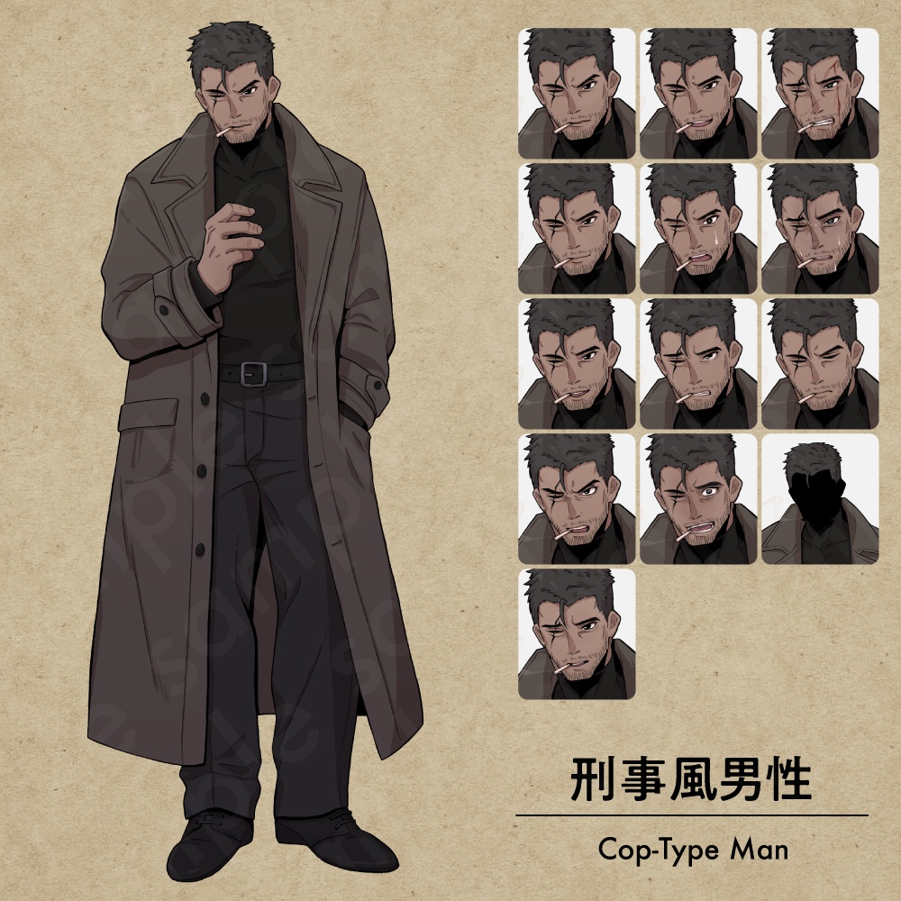 傷跡のある渋めの黒髪男性キャラクターの立ち絵素材|ペン画調・刑事・現代ミステリー向け