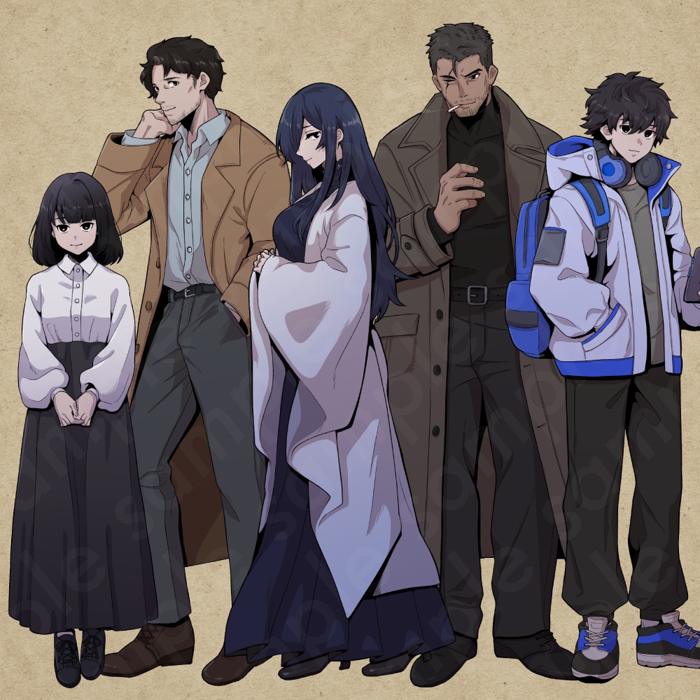 現代ミステリーキャラクター5体セットの立ち絵素材|ペン画調・サスペンス・事件系向け|探偵・刑事・エンジニアなど