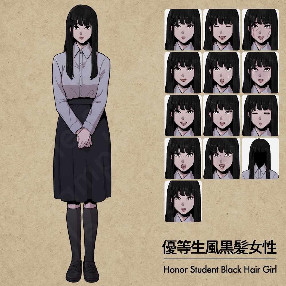 狂気的な優等生風女性キャラクターの立ち絵素材|ペン画調・ミステリー・黒幕役向け