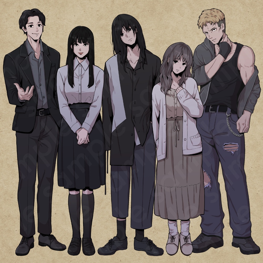 犯人・黒幕系キャラクター5体セットの立ち絵素材|ペン画調・ミステリー向け|不良・ヤンデレ・優等生など