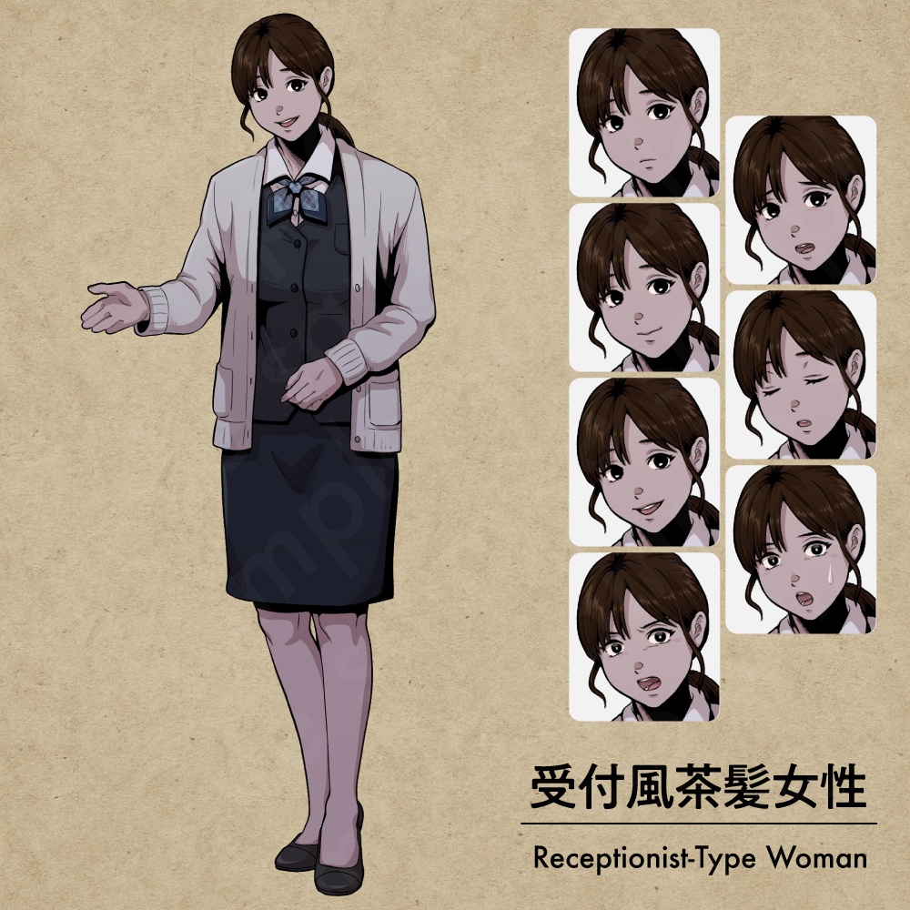 【立ち絵素材】丁寧な受付担当の女性キャラクター|表情7種・ペン画風・TRPG・ミステリー向け