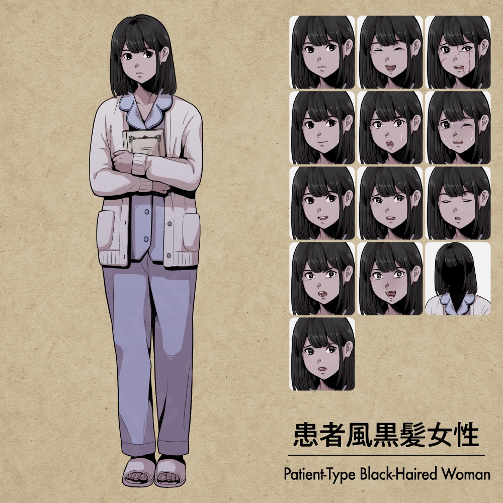 【立ち絵素材】大人しい女性入院患者キャラクター|表情13種・ペン画風・TRPG・ミステリー向け