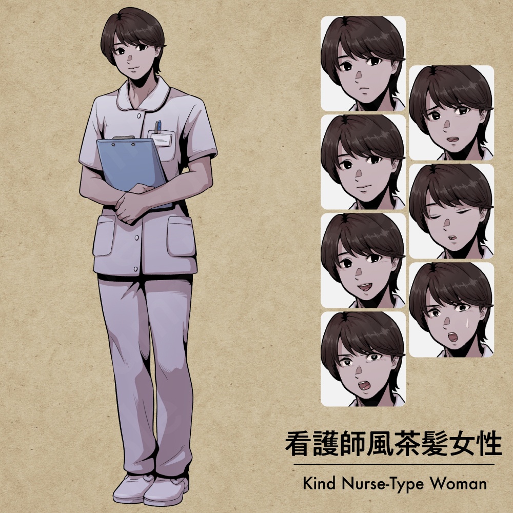 病院ミステリーキャラクター5体セットの立ち絵素材|医師・看護師・患者・受付