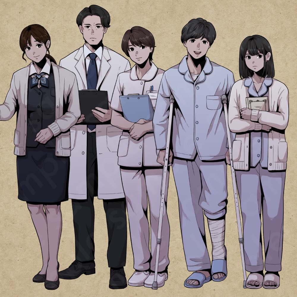 病院ミステリーキャラクター5体セットの立ち絵素材|医師・看護師・患者・受付