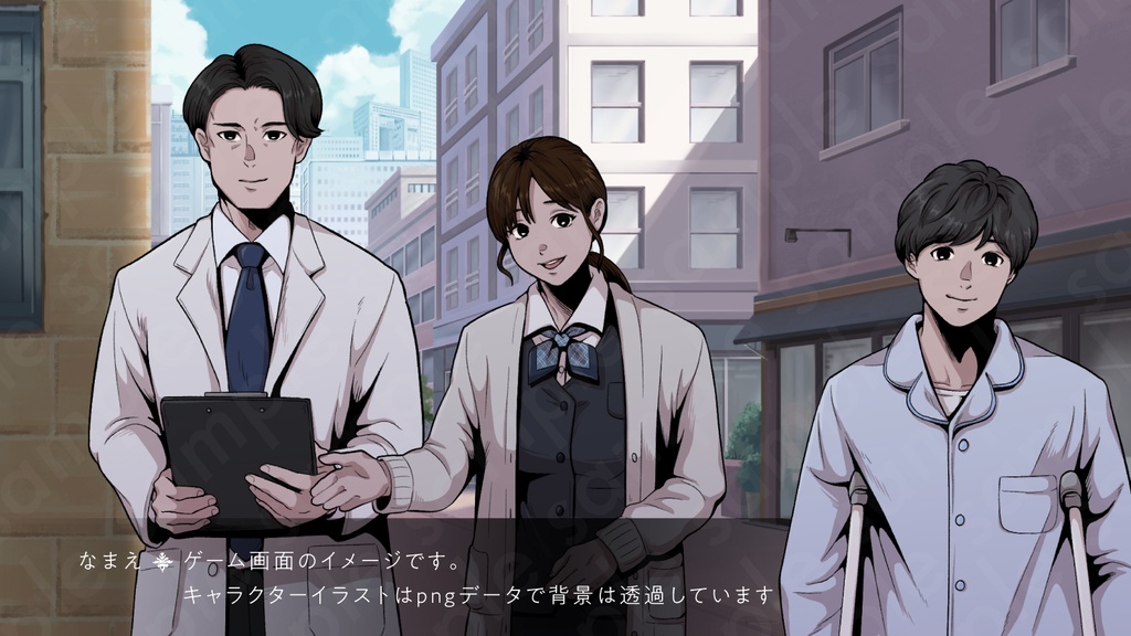 病院ミステリーキャラクター5体セットの立ち絵素材|医師・看護師・患者・受付