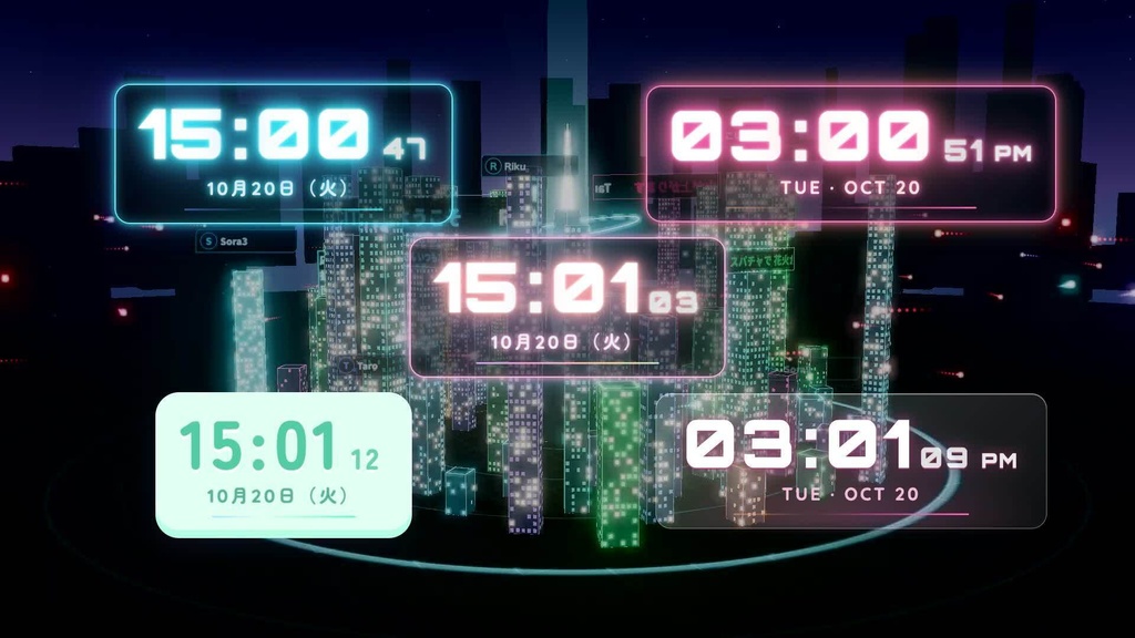 配信画面に置く3Dネオン時計|18色・ネオン/ガラス/パステル・12時間表示(OBSブラウザソース)