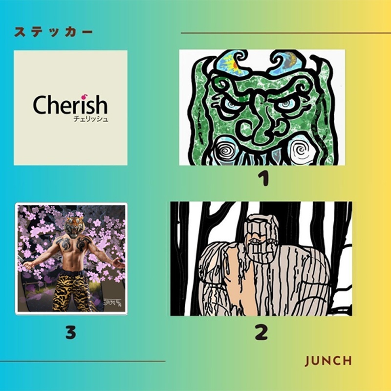 ステッカー「1:緑鬼」「2:木人」「3:真夜中の襲撃者」