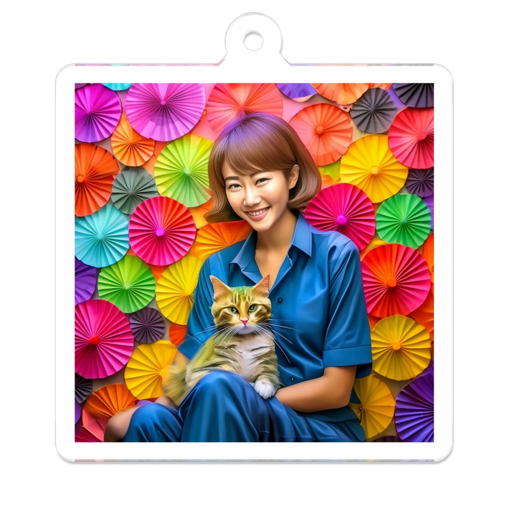 アクリルキーホルダー「猫を膝にのせて座る女性」