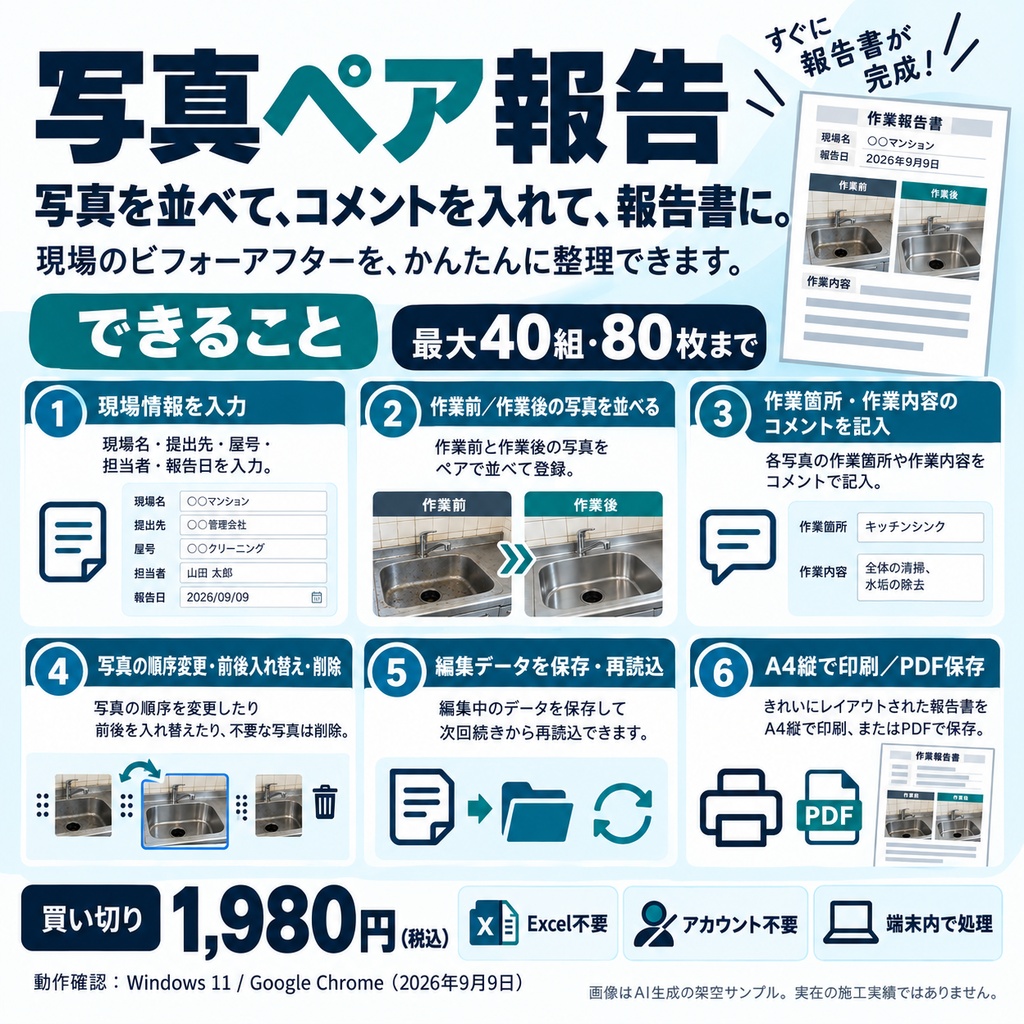写真ペア報告|原状回復・清掃のBefore/After写真報告書ツール【有料版】