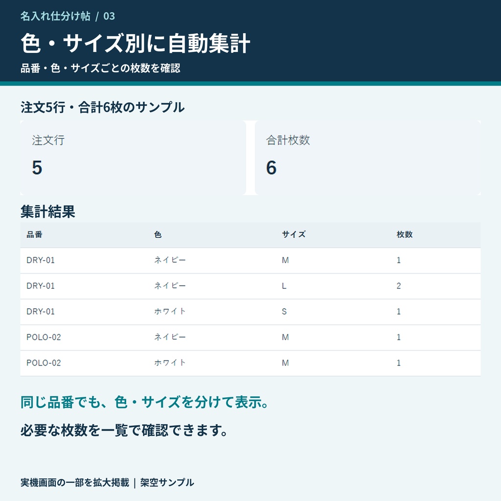 名入れ仕分け帖|体操服・ユニフォームの色サイズ集計・袋入れカード【有料版】