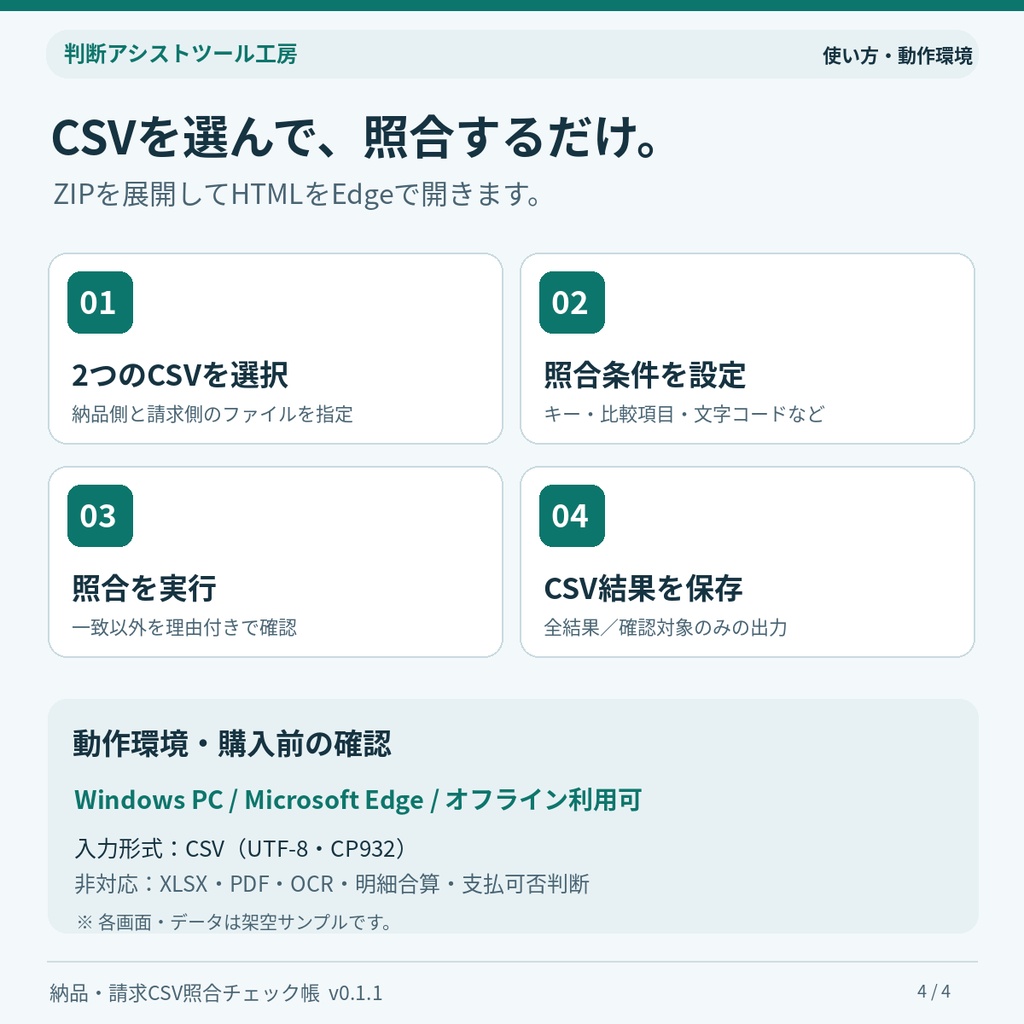 納品・請求CSV照合チェック帳|数量・金額差・重複を確認【Windows用】