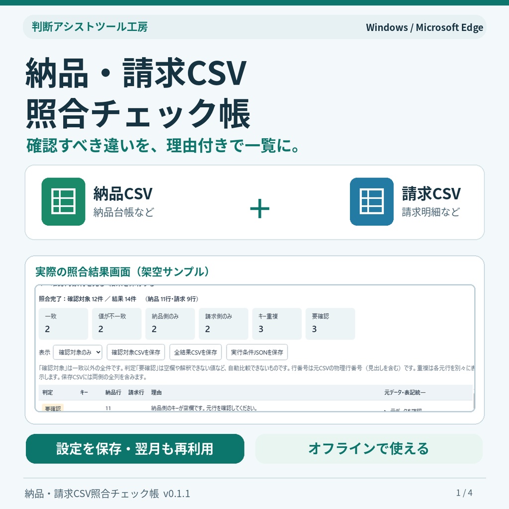 納品・請求CSV照合チェック帳|数量・金額差・重複を確認【Windows用】