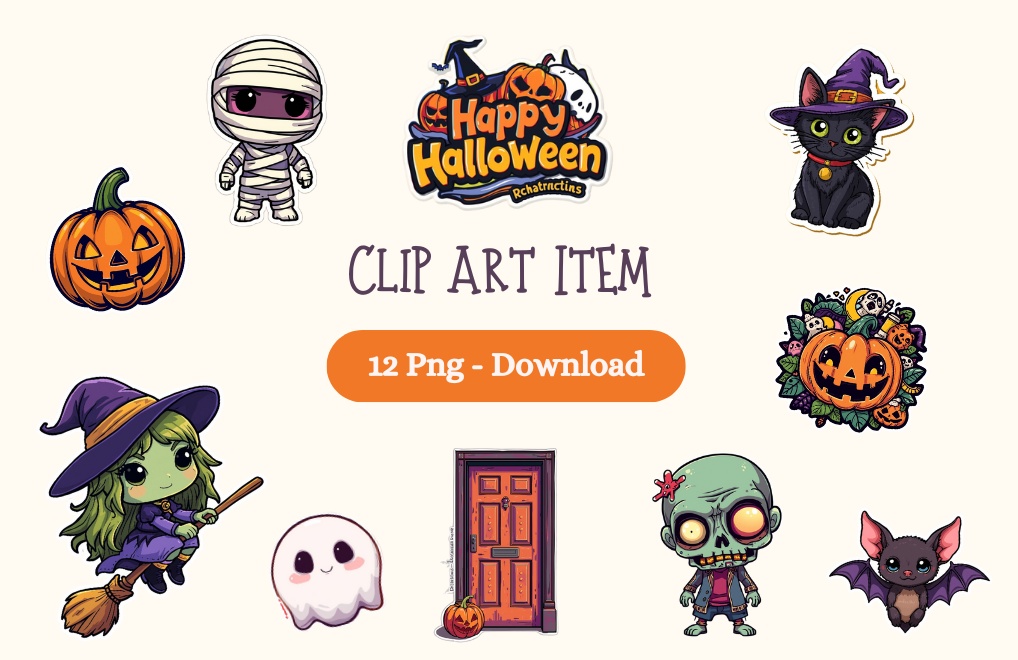 ポップでかわいいハロウィンクリップアート10点セット(PNG透過)