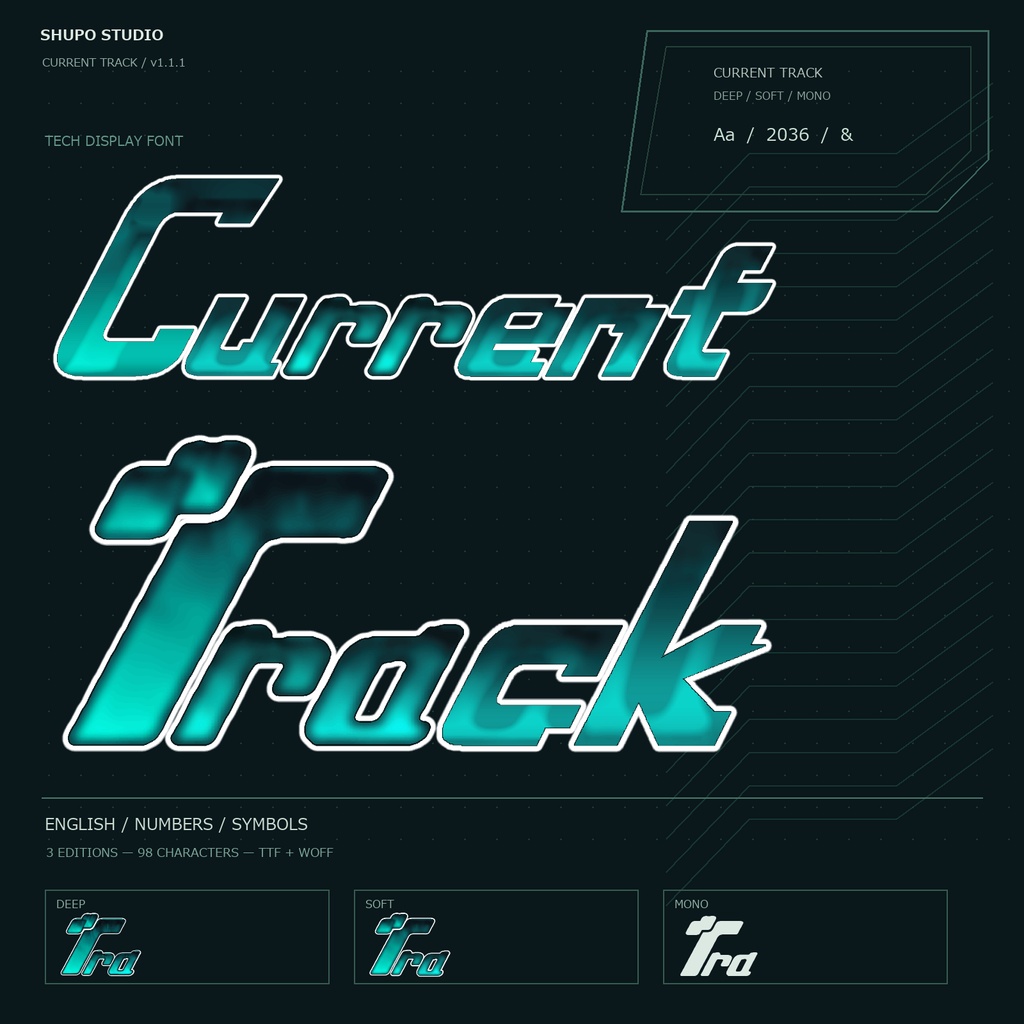 Current Track｜青緑の濃淡を持つテック系フォント【商用利用可】