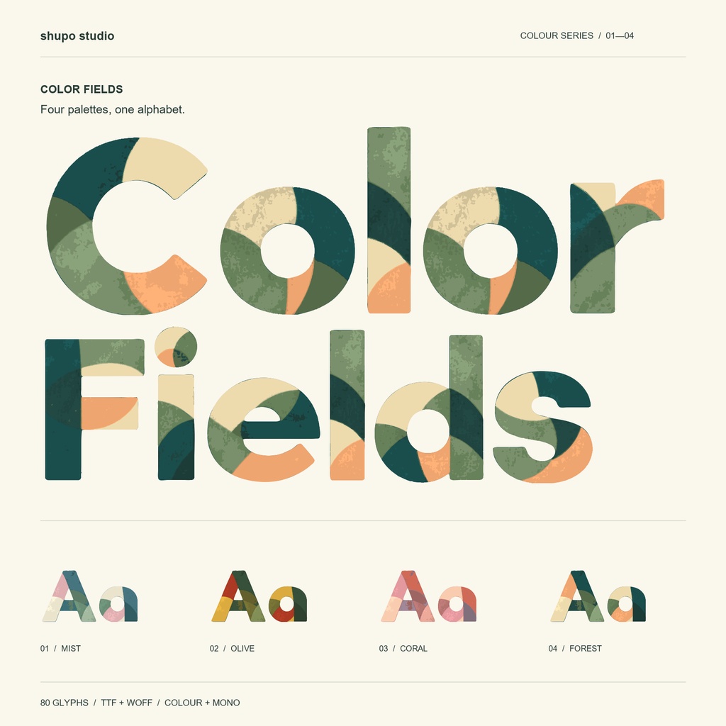Color Fields|水彩の色面が重なる英数字フォント・4配色セット