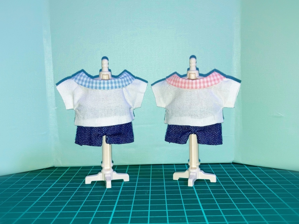 チェック襟シャツ&デニムセット 各色 10㎝ぬい服
