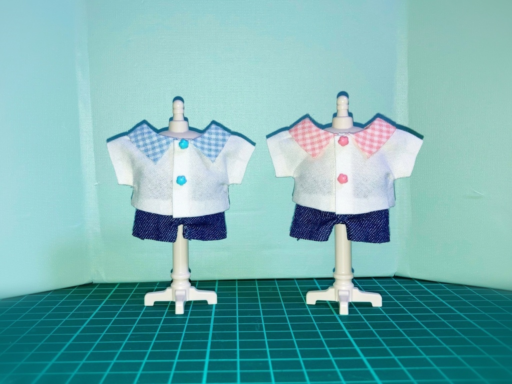 チェック襟シャツ＆デニムセット 各色 10㎝ぬい服