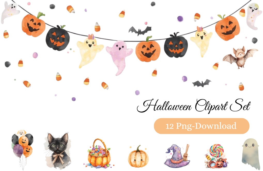 水彩ハロウィンの可愛いクリップアート12点セット（PNG）