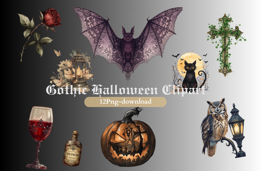 ゴシックハロウィン・クリップアートセット（12点・PNG）