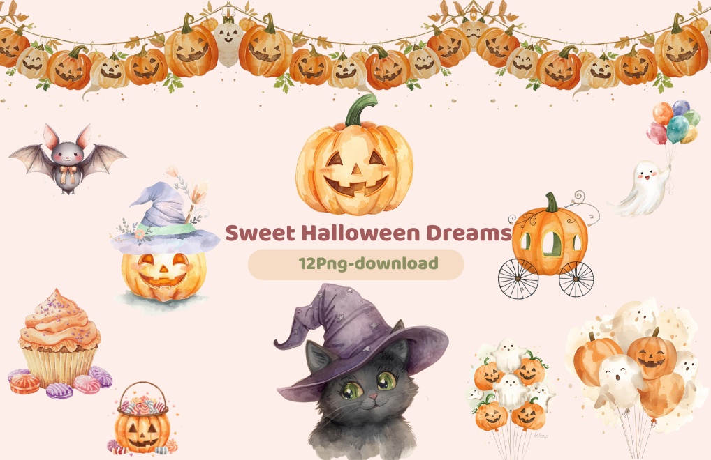 Sweet Halloween Dreams　水彩ハロウィンクリップアート12点セット（PNG）