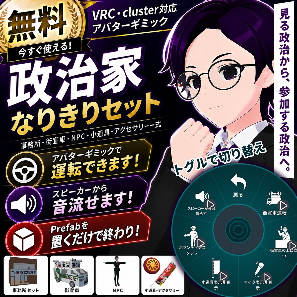 【Unity】政治家なりきりセット(VRCアバターとワールド・Clusterの両方ギミック付き）