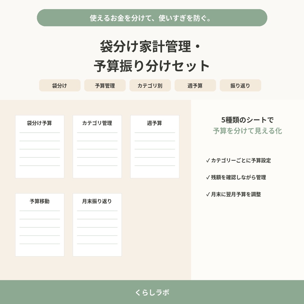 袋分け家計管理・予算振り分けセット｜生活費・週予算管理｜PDF