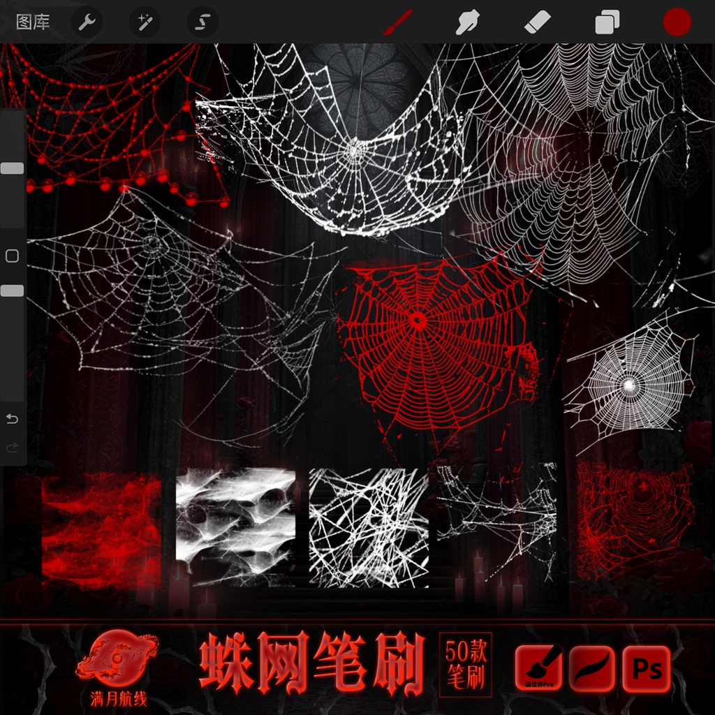 C018蛛网笔刷 50款哥特恐怖悬疑蜘蛛网csp/ps/procreate笔刷