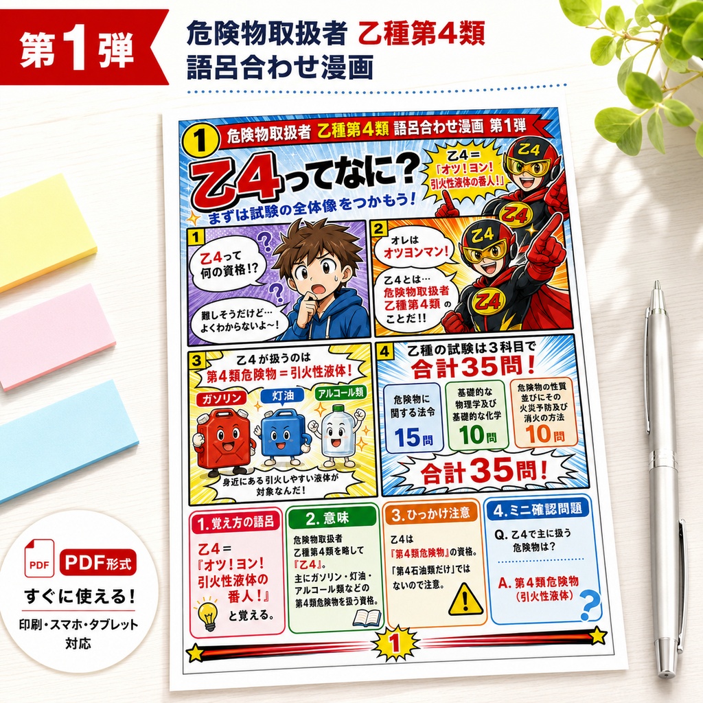 乙4語呂合わせ漫画PDF 第1弾|基礎・物理化学・消火・第4類分類編