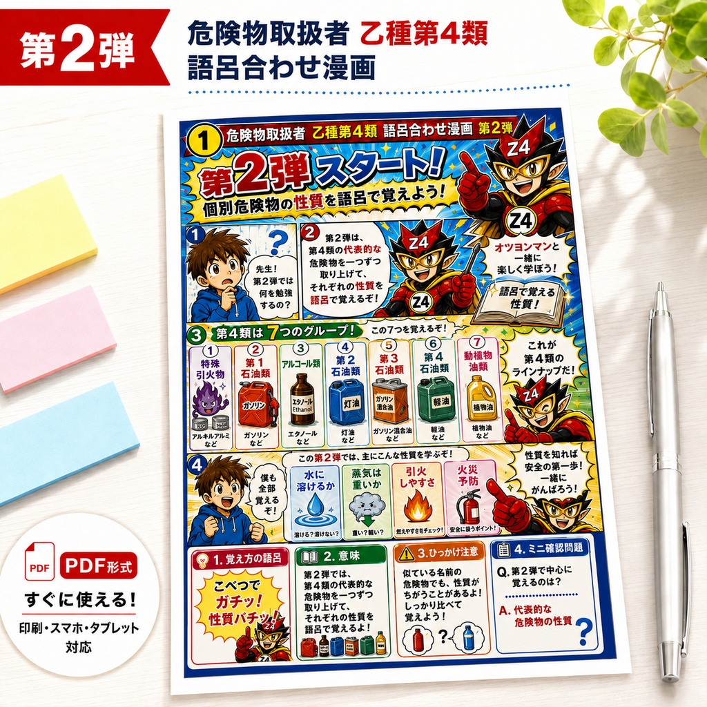 乙4語呂合わせ漫画PDF 第2弾｜代表物質・可燃性ガス・性質比較編