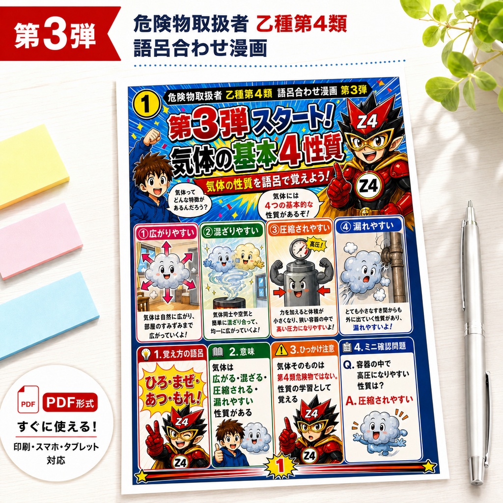 乙4語呂合わせ漫画PDF 第3弾|気体の性質・静電気・取扱い法令編