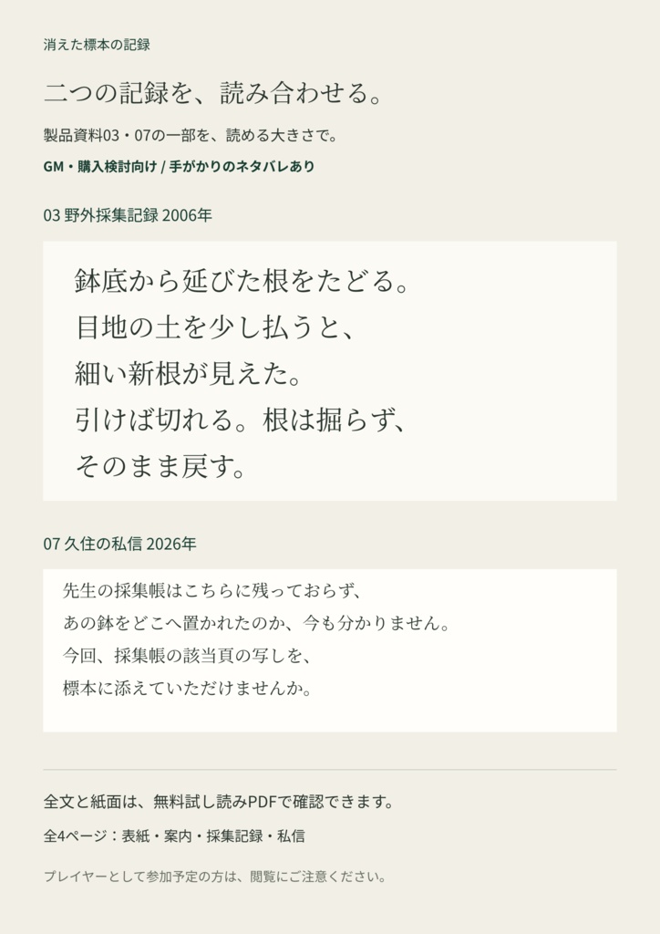 消えた標本の記録|植物研究室のTRPG調査資料セット