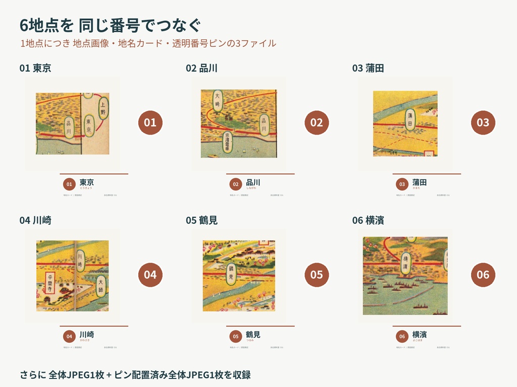 鉄道旅の経路と訪問先|番号入り鳥瞰図と6地点の地名カード|TRPG素材