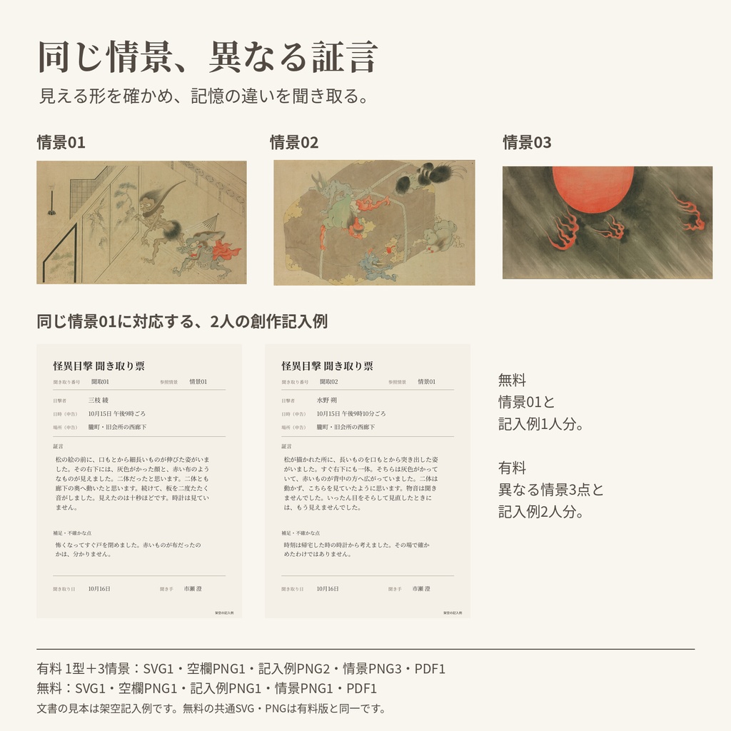 【無料サンプルあり】怪異目撃の聞き取り記録|TRPGハンドアウト・編集SVG