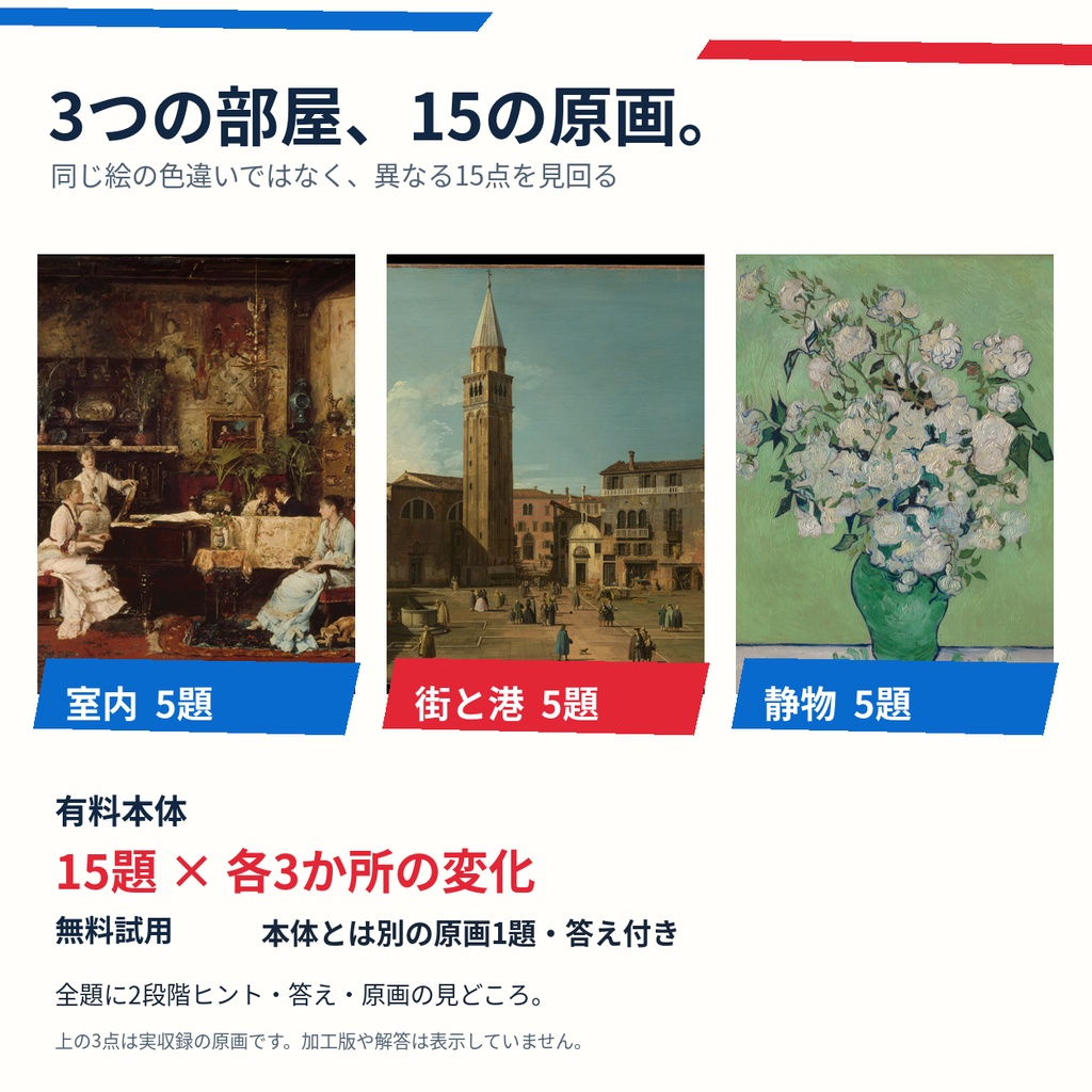 【配信向け間違い探し15題】名画の異変を探せ|答えを見ずに進行できる図解セット